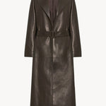 Front view of coffee raisa coat on white background, with no model shown.