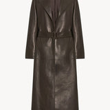 Front view of coffee raisa coat on white background, with no model shown.