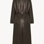 Back view of coffee raisa coat on white background, with no model shown.