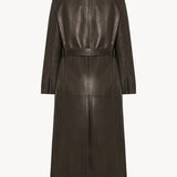 Back view of coffee raisa coat on white background, with no model shown.