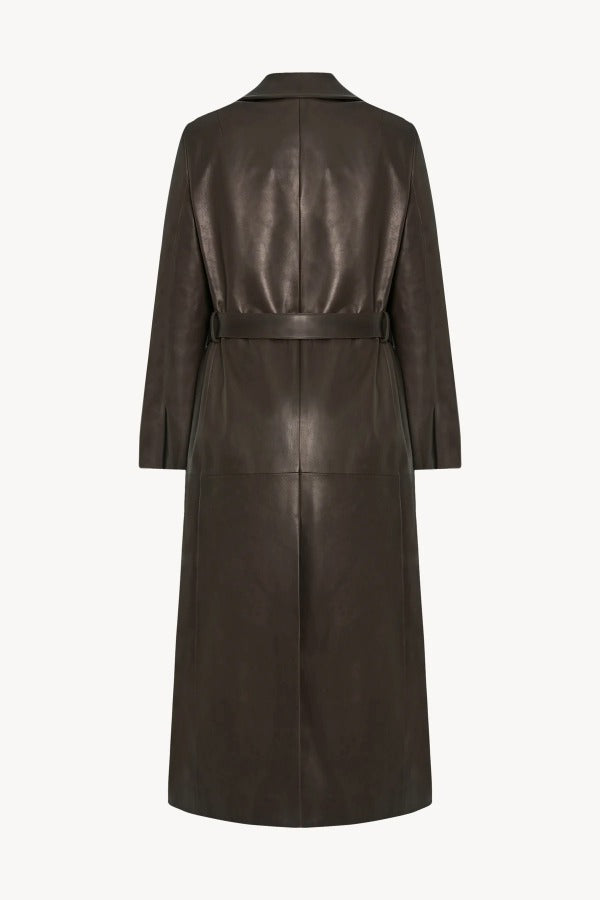 Back view of coffee raisa coat on white background, with no model shown.