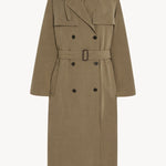 Front view of beige grey rhydian coat on white background, with no model shown.