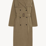 Front view of beige grey rhydian coat on white background, with no model shown.