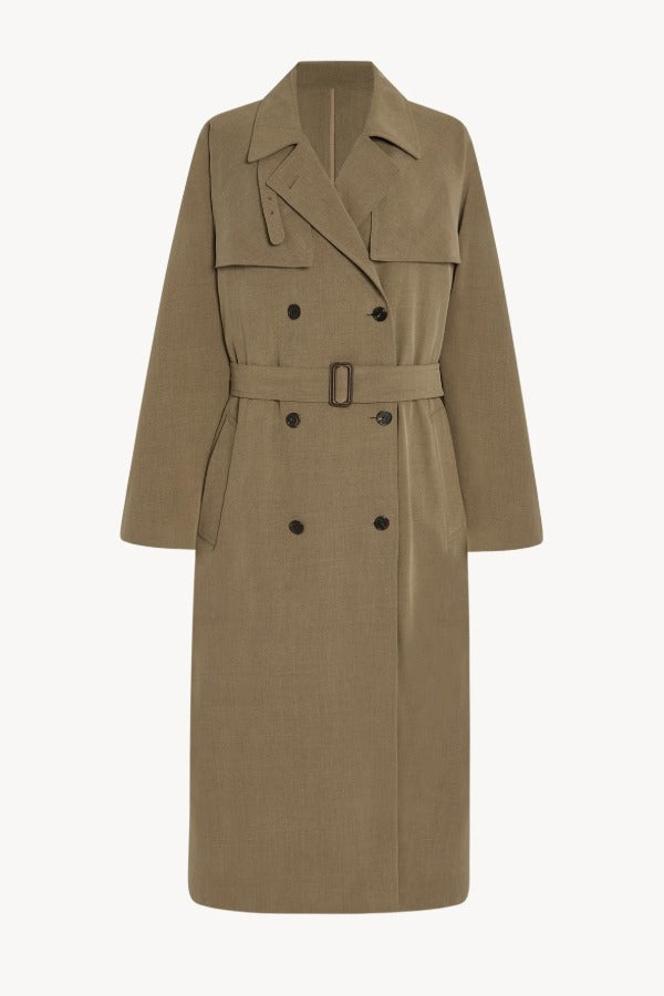 Front view of beige grey rhydian coat on white background, with no model shown.
