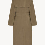 Back view of beige grey rhydian coat on white background, with no model shown.