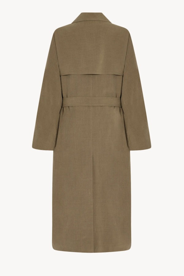 Back view of beige grey rhydian coat on white background, with no model shown.