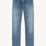 Front view of medium blue riaco jean on white background, with no model shown.