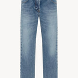 Front view of medium blue riaco jean on white background, with no model shown.