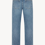 Back view of indigo riaco jean on white background, with no model shown.