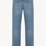 Back view of indigo riaco jean on white background, with no model shown.