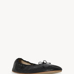 Front slanted view of black round ballet flats on white background, with no model shown.