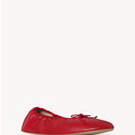Front slanted view of red round ballet flats on white background, with no model shown.