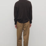 Back view of dark sand sharka pant on model wearing black shirt, against a white background.