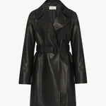 Front view of black siempra coat on white background, with no model shown.