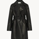 Front view of black siempra coat on white background, with no model shown.