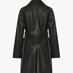 Back view of black siempra coat on white background, with no model shown.