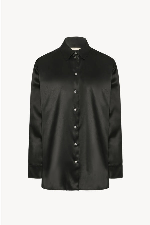 Front view of black sislia shirt on white background, with no model shown.