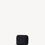 Front view of black small zip wallet on white background, with no model shown.