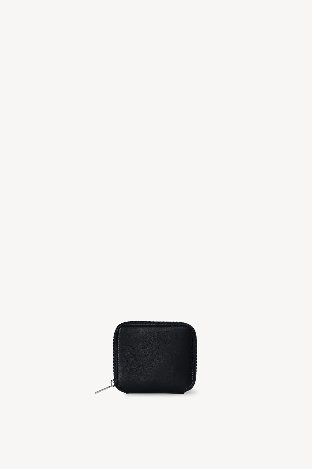 Front view of black small zip wallet on white background, with no model shown.