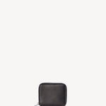 Front view of dark brown small zip wallet on white background, with no model shown.