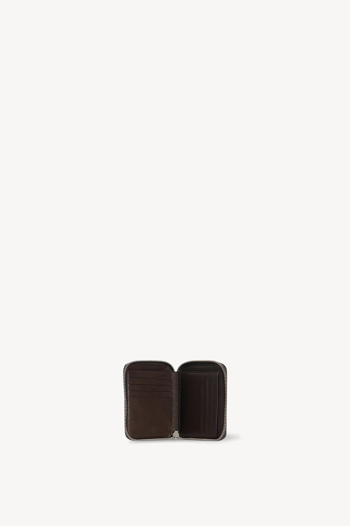 Open view of dark brown small zip wallet on white background, with no model shwon.