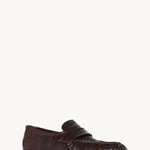 Front slanted view of brown soft loafer in eel on white background with no model shown.