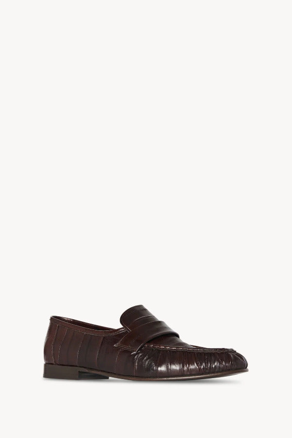 Front slanted view of brown soft loafer in eel on white background with no model shown.