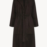 Front view of dark brown solana coat on white background, with no model shown.