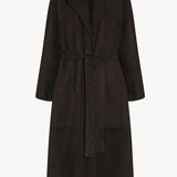 Front view of dark brown solana coat on white background, with no model shown.