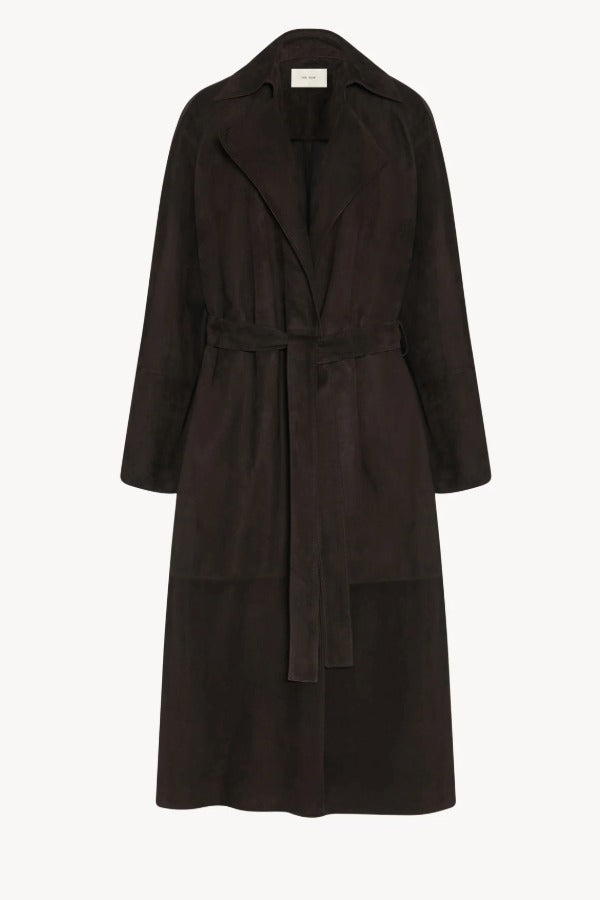 Front view of dark brown solana coat on white background, with no model shown.