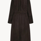 Back view of dark brown solana coat on white background, with no model shown.