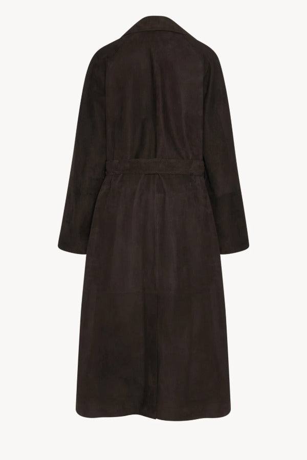 Back view of dark brown solana coat on white background, with no model shown.
