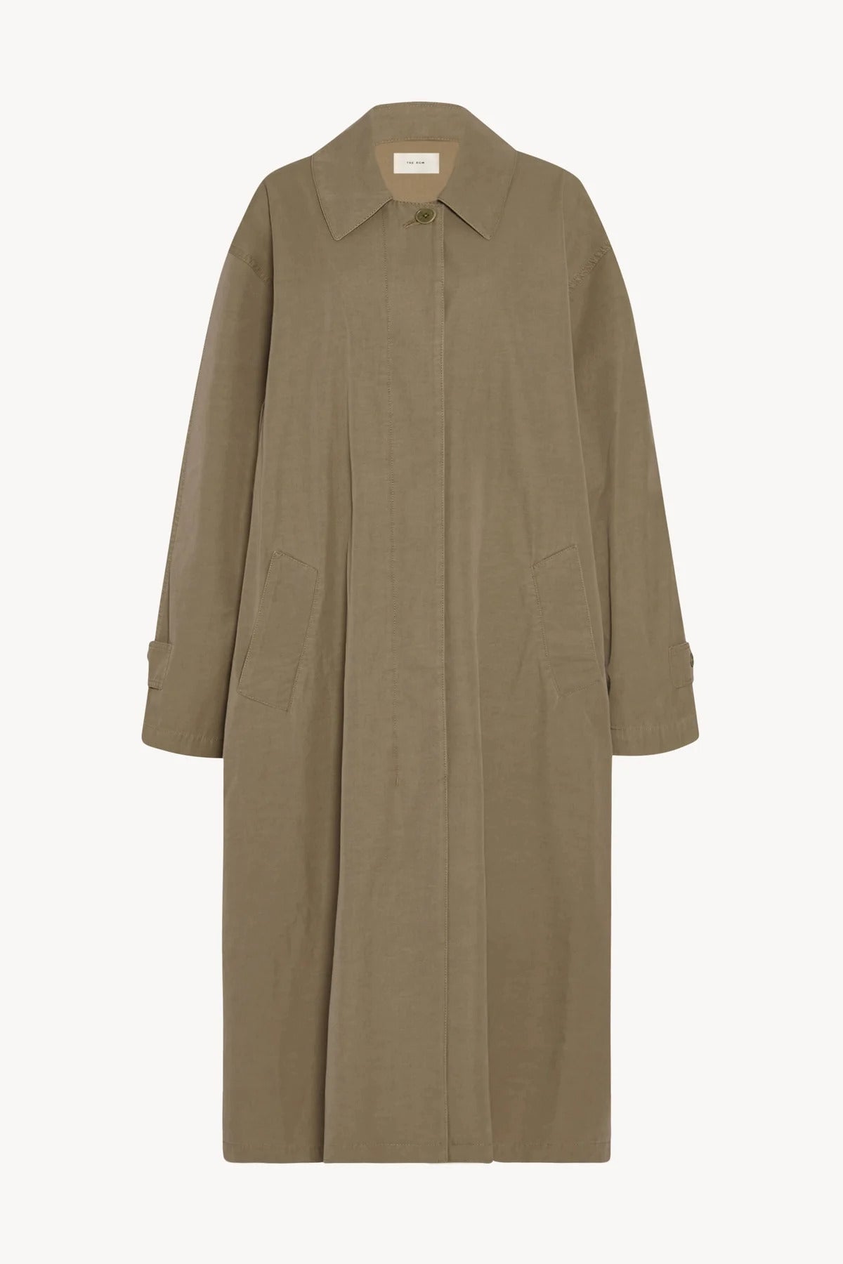Long Taupe Trench Coat, shown without model frontside