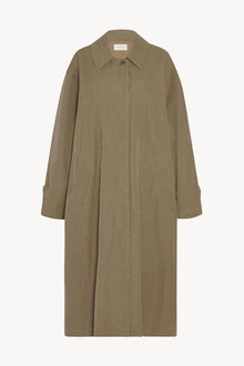 Long Taupe Trench Coat, shown without model frontside