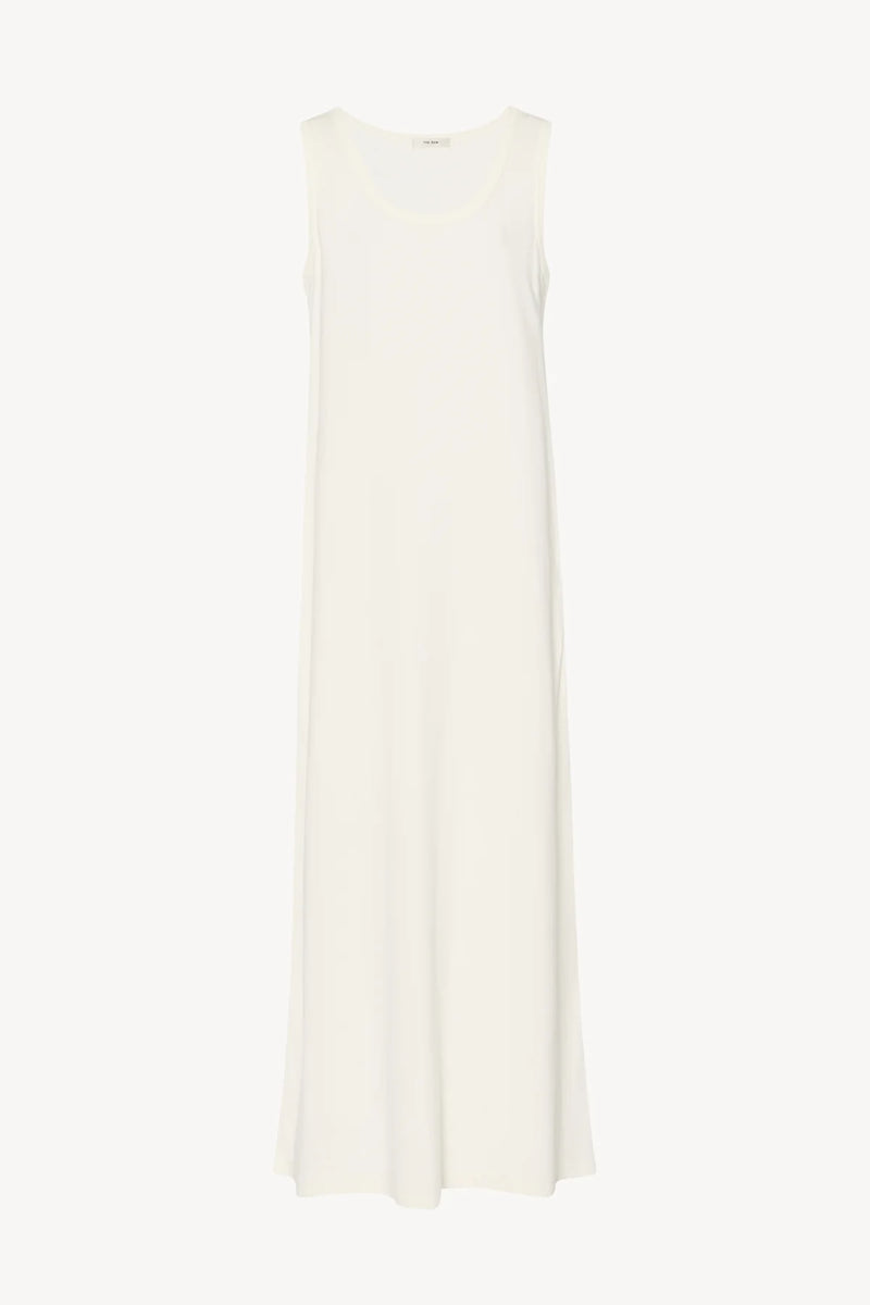 Front view of sleeveless round neck white cotton maxi dress on plain white background, no model shown.