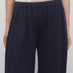 Front closeup view of dark navy pant on model wearing a white t-shirt, against a white background.