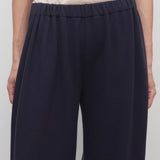 Front closeup view of dark navy pant on model wearing a white t-shirt, against a white background.