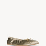 Right side slanted view of taupe round ballet flat on white background, with no model shown.