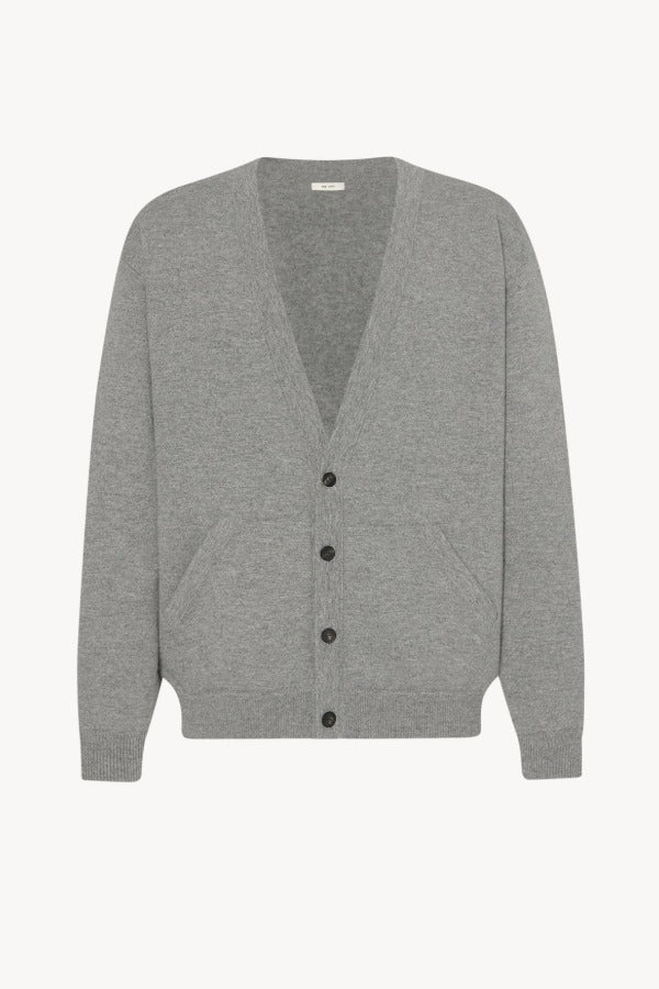 Front view of grey melange vonn cardigan on white background, with no model shown.