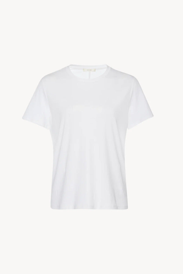 Front view of white wesler t-shirt on white background, with no model shown.