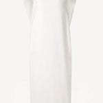 Front view of white draped back dress on white background, with no model shown.