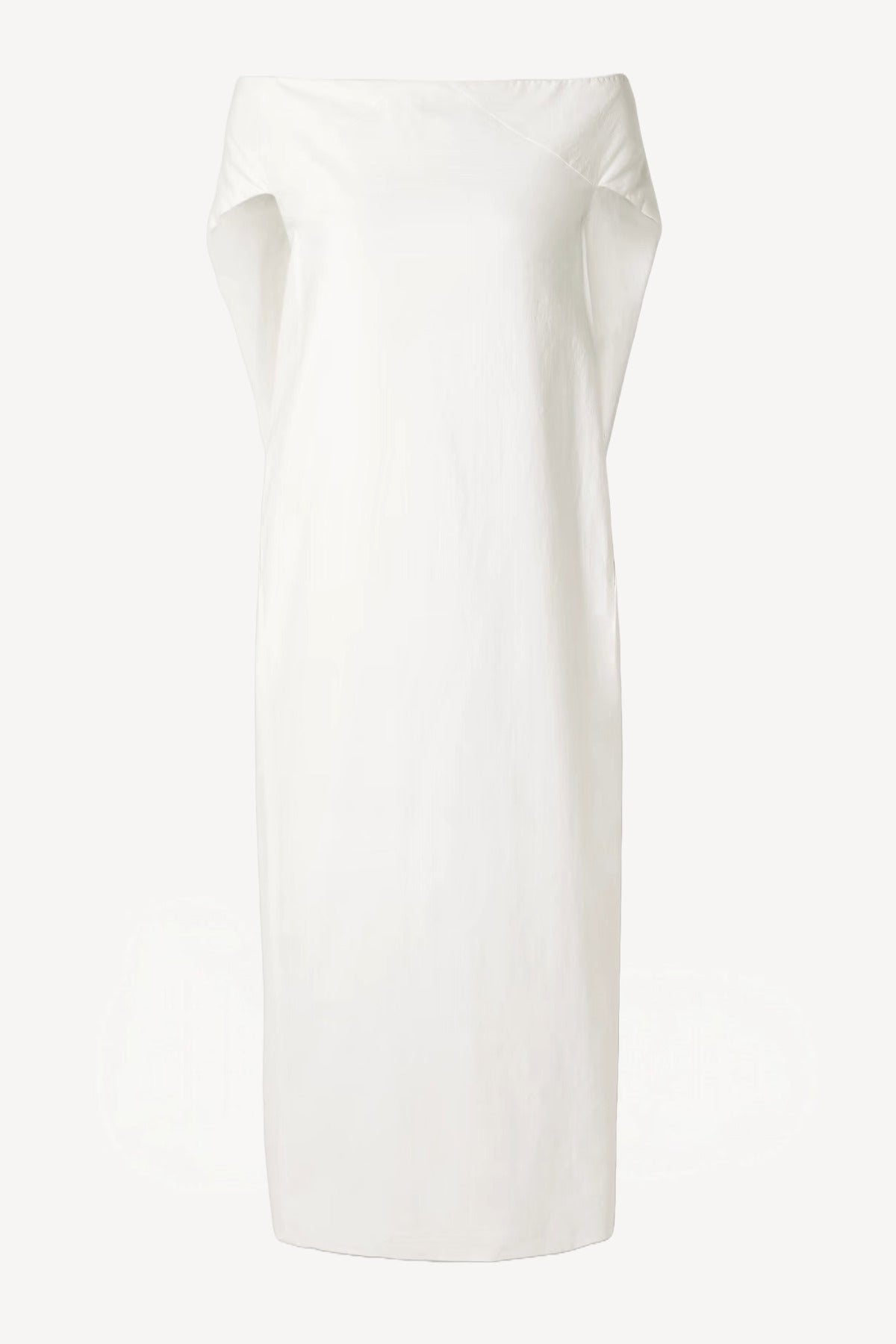Front view of white draped back dress on white background, with no model shown.