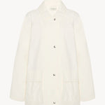 Front view of white button down elodianna jacket on white background, with no model shown.