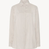 Front view of Long sleeve silk shirt in white with grey, no model shown.