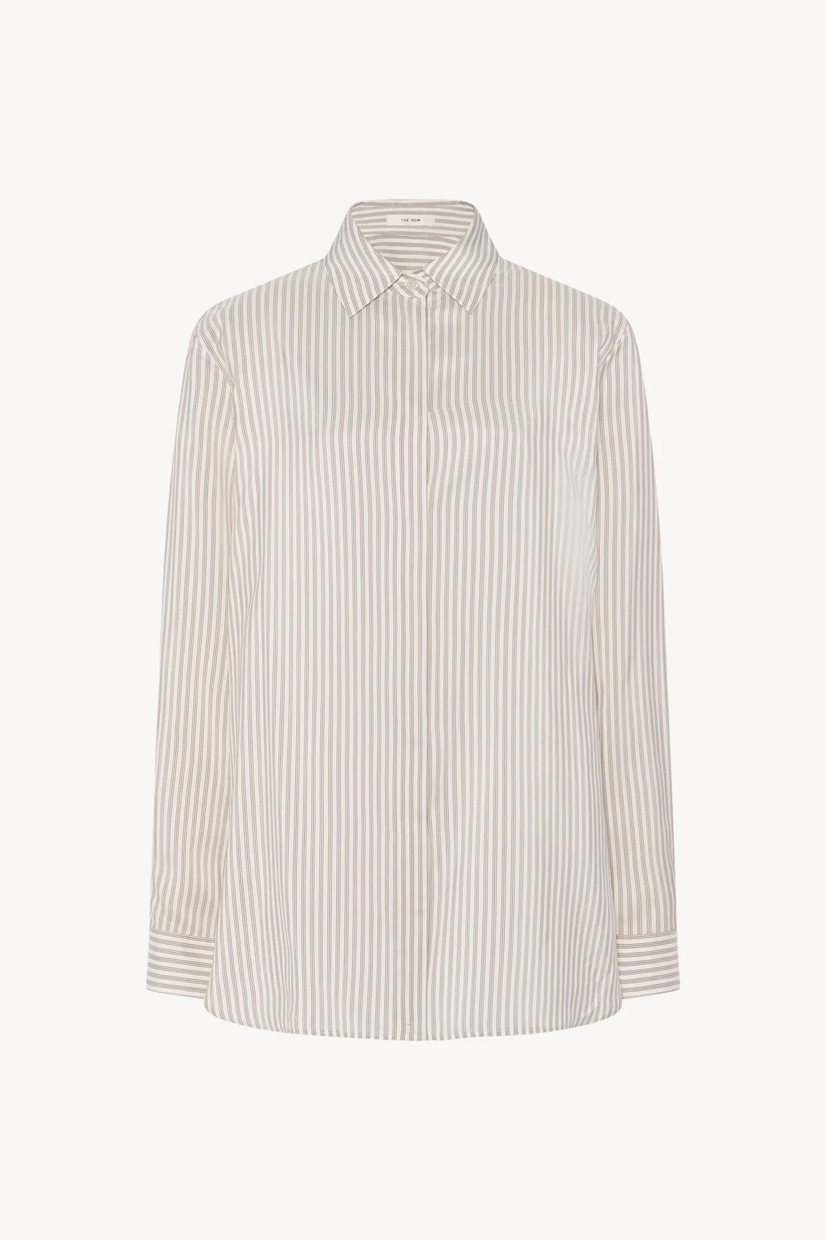 Front view of Long sleeve silk shirt in white with grey, no model shown.