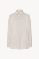 Front view of Long sleeve silk shirt in white with grey, no model shown.
