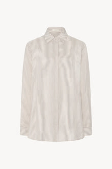 Front view of Long sleeve silk shirt in white with grey, no model shown.