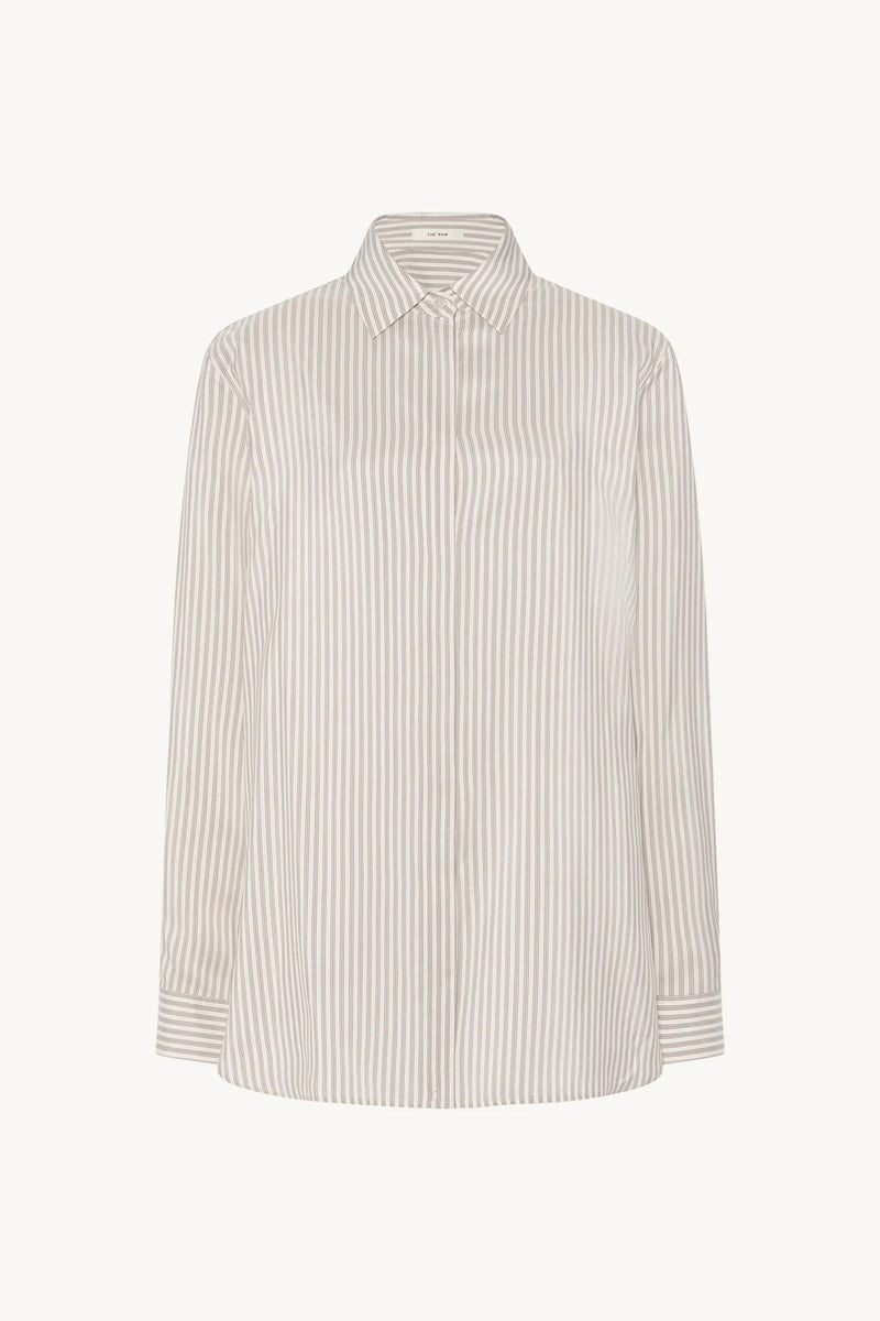 Front view of Long sleeve silk shirt in white with grey, no model shown.