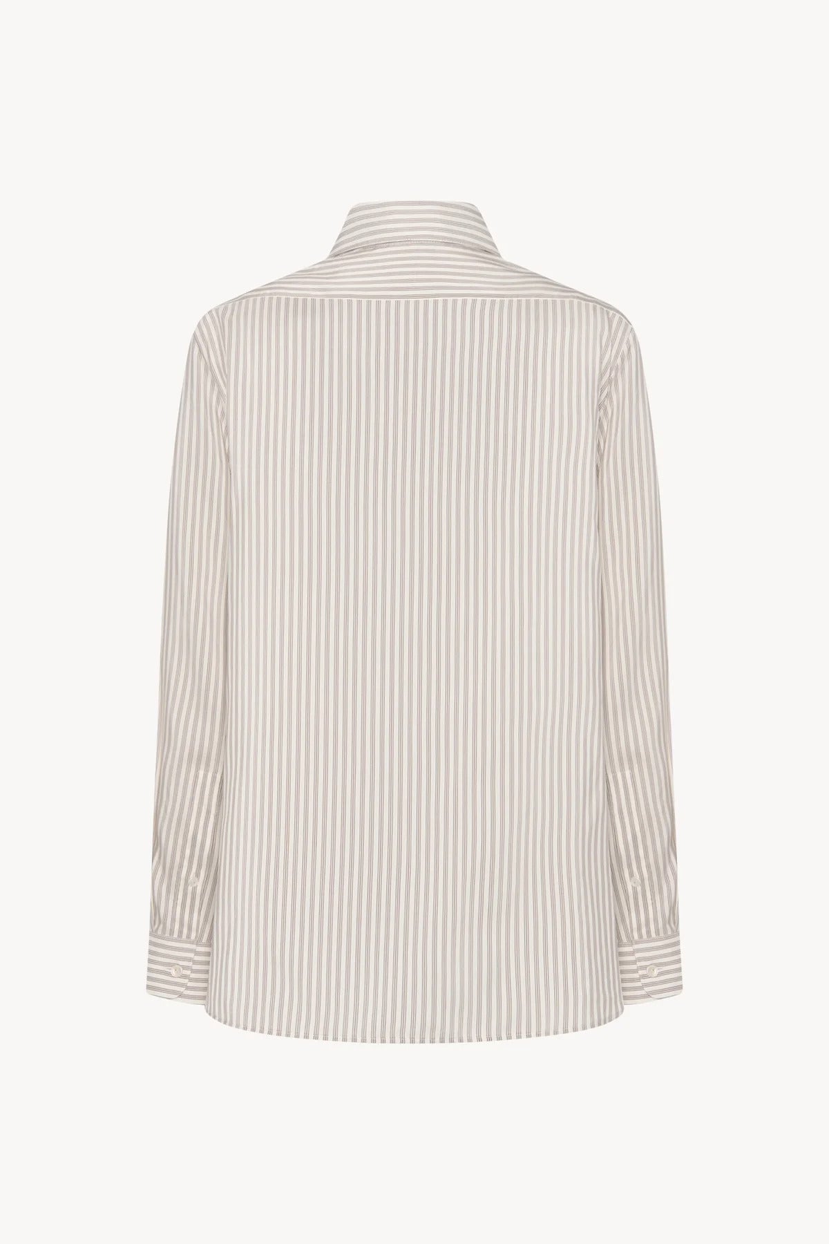 Back view of Long sleeve silk shirt in white with grey, no model shown.