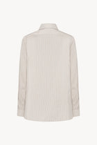 Back view of Long sleeve silk shirt in white with grey, no model shown.
